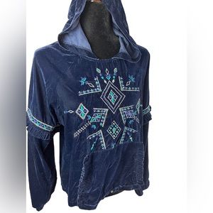 Anthropologie Love Sam Blue Velvet Ruffle Hoodie with embroidery and beads